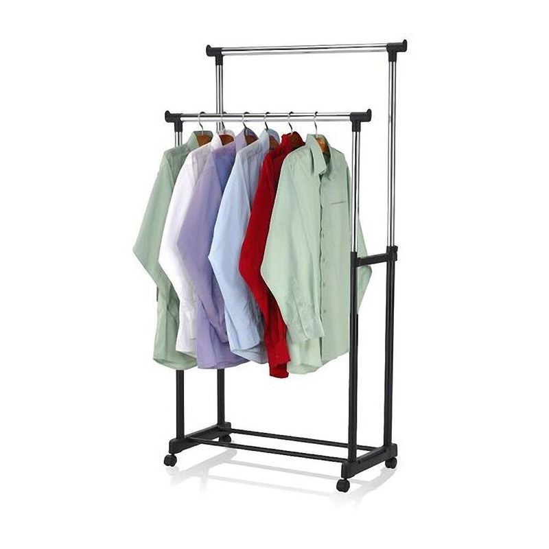 Suport dublu pentru umerase, inaltime ajustabila, 4 roti, raft inferior pantofi MultiMark GlobalProd