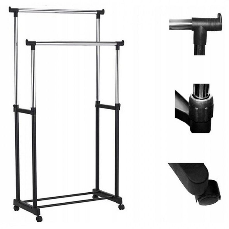 Suport dublu pentru umerase, inaltime ajustabila, 4 roti, raft inferior pantofi MultiMark GlobalProd