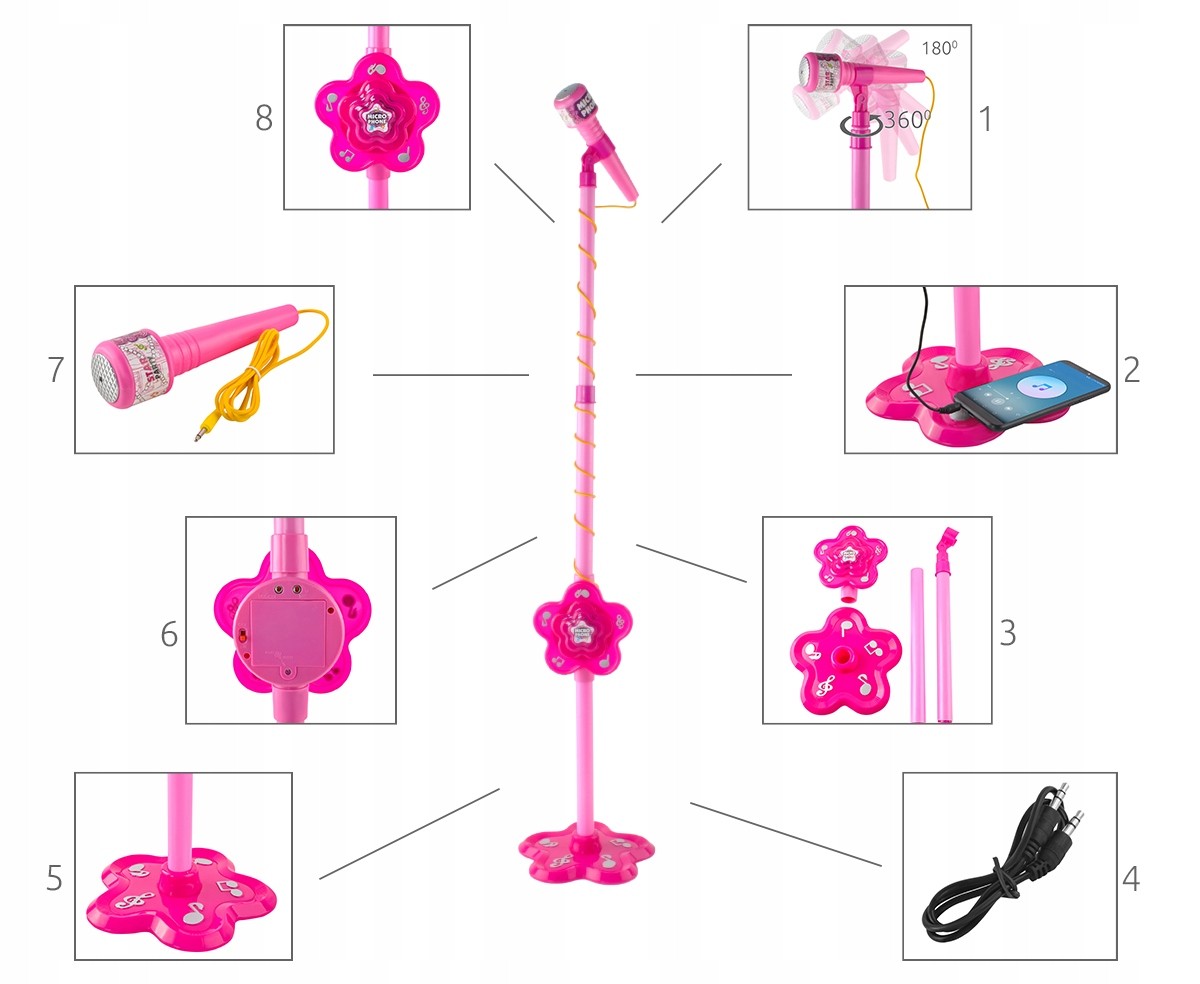 Microfon de jucarie cu stativ reglabil 106 cm, amplificator voce, mp3, conectare smartphone, roz MultiMark GlobalProd