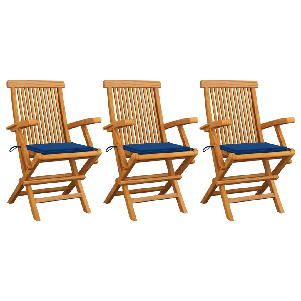 Scaune grădină cu perne albastru regal, 3 buc., lemn masiv tec GartenMobel Dekor