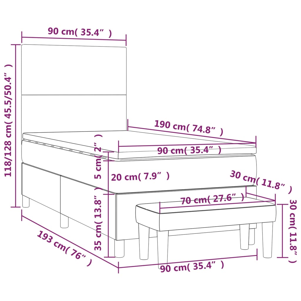 Pat box spring cu saltea, gri, 90x190 cm, piele ecologică GartenMobel Dekor