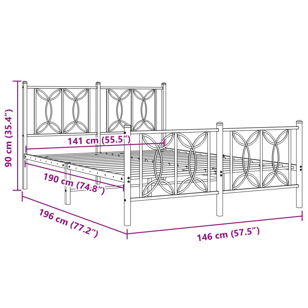 Cadru de pat metalic cu tăblie de cap/picioare, alb, 140x190 cm GartenMobel Dekor