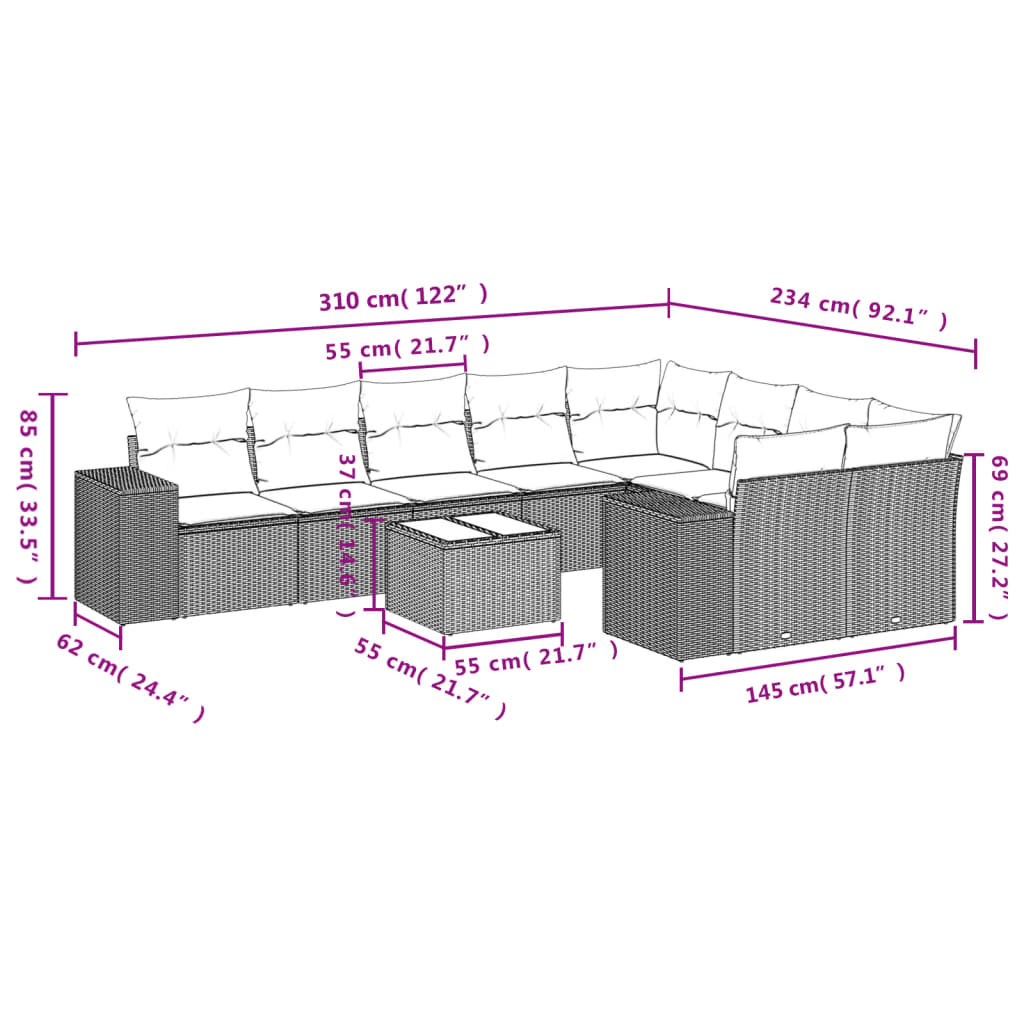 Set canapele de grădină cu perne, 10 piese, negru, poliratan GartenMobel Dekor