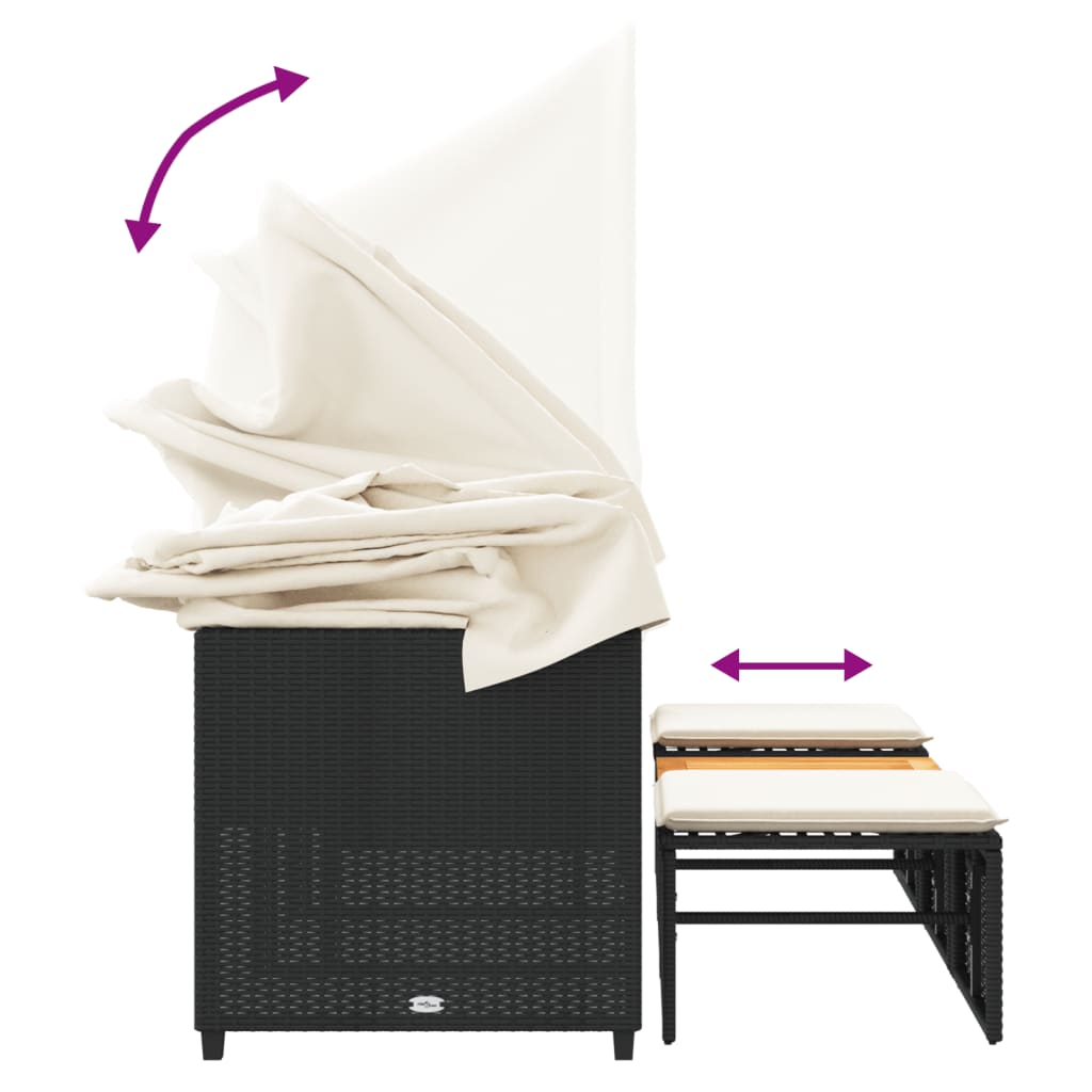 Canapea de grădină 3 locuri baldachin/taburete negru, poliratan GartenMobel Dekor