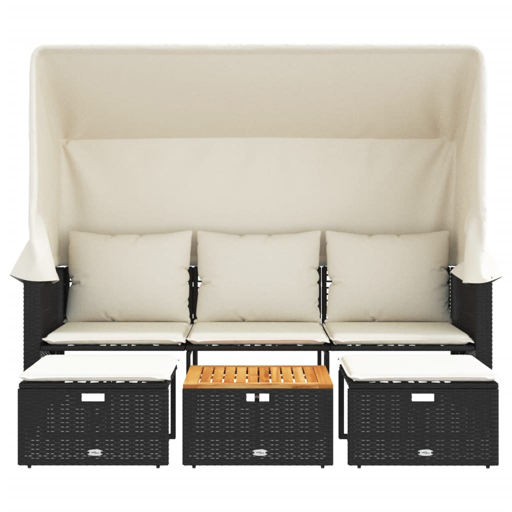 Canapea de grădină 3 locuri baldachin/taburete negru, poliratan GartenMobel Dekor