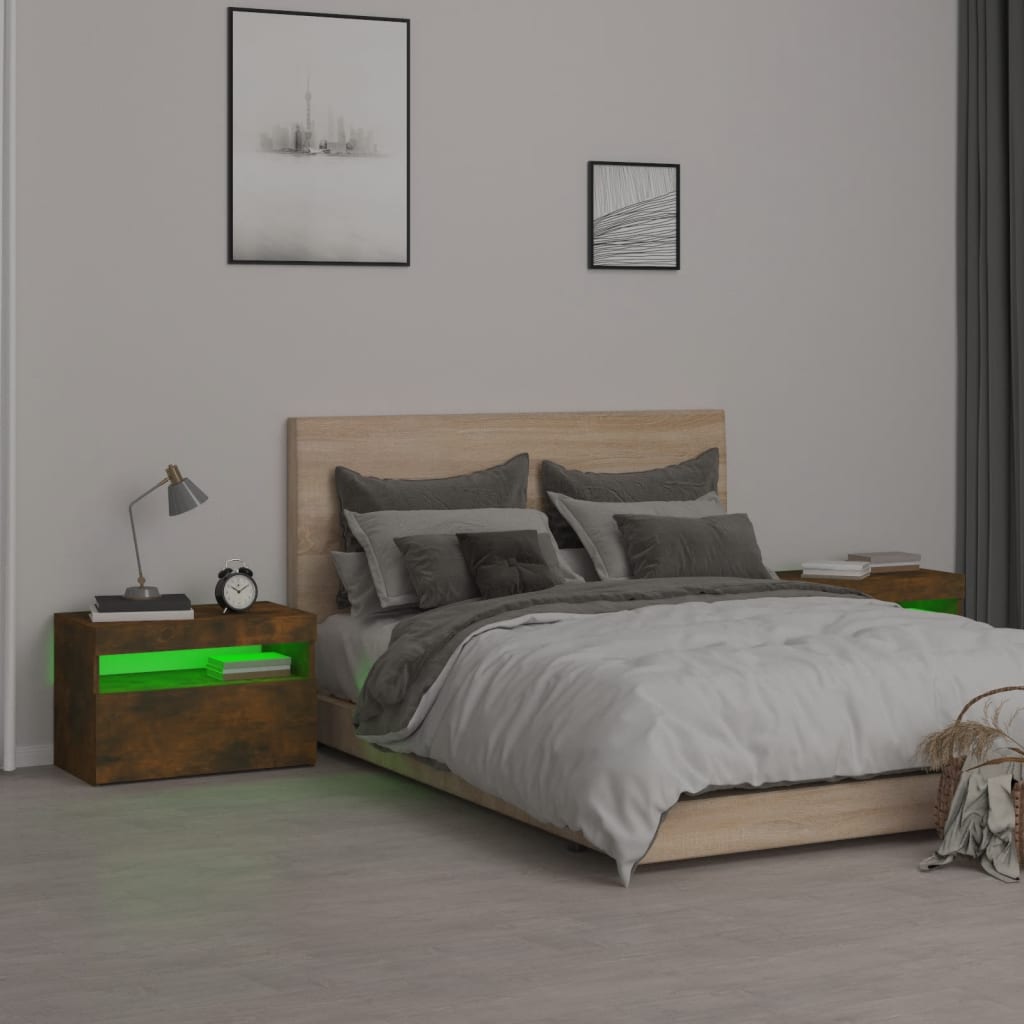 Noptiere cu lumini LED, 2 buc., stejar fumuriu, 60x35x40 cm GartenMobel Dekor