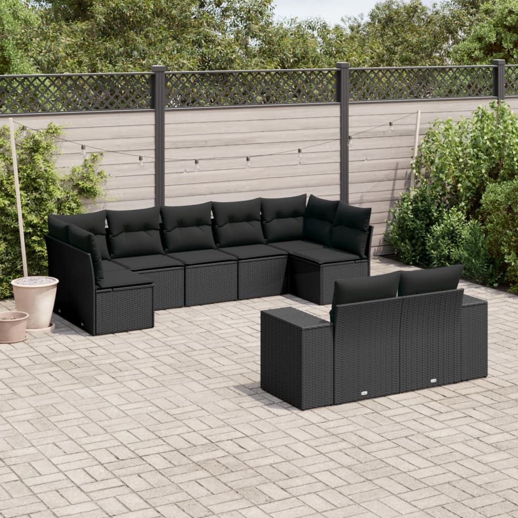 Set mobilier de grădină cu perne, 9 piese, negru, poliratan GartenMobel Dekor