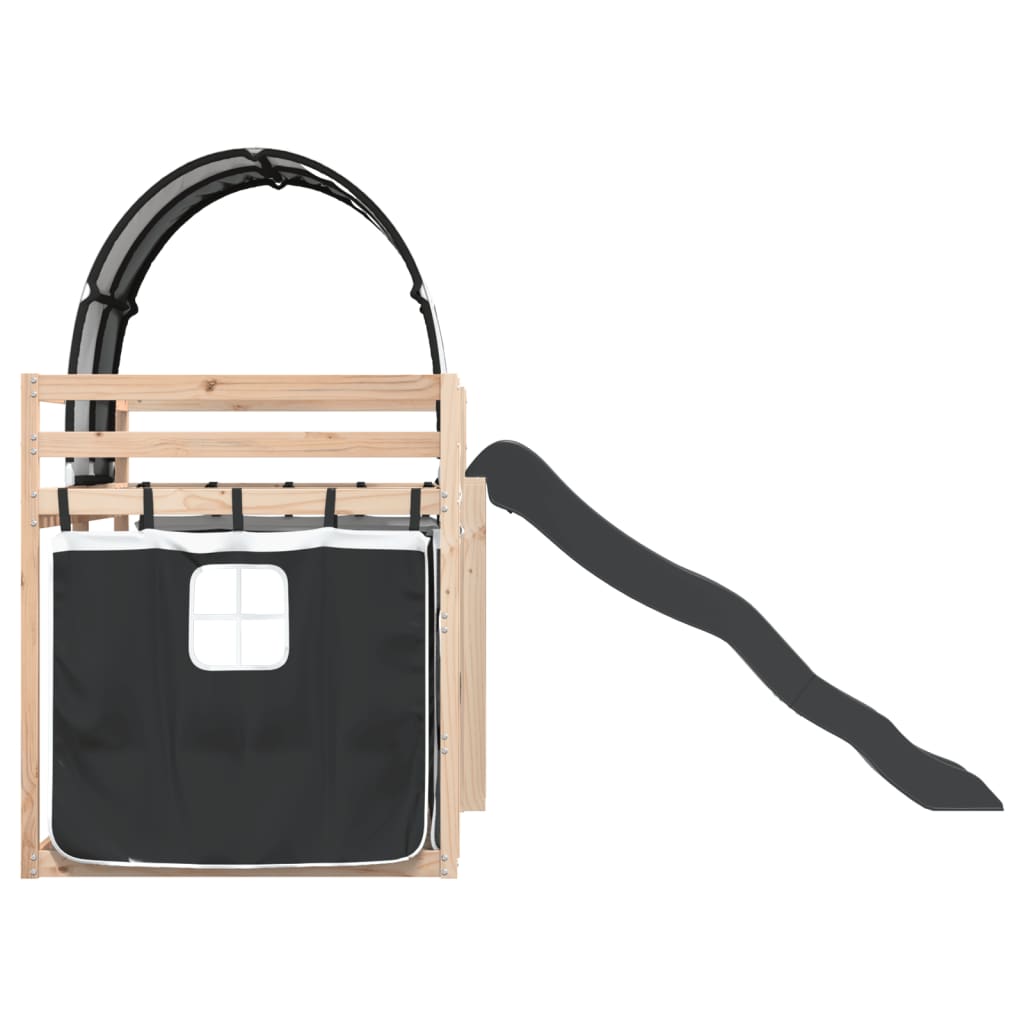 Pat supraetajat cu tobogan și perdele, alb și negru, 90x190 cm GartenMobel Dekor