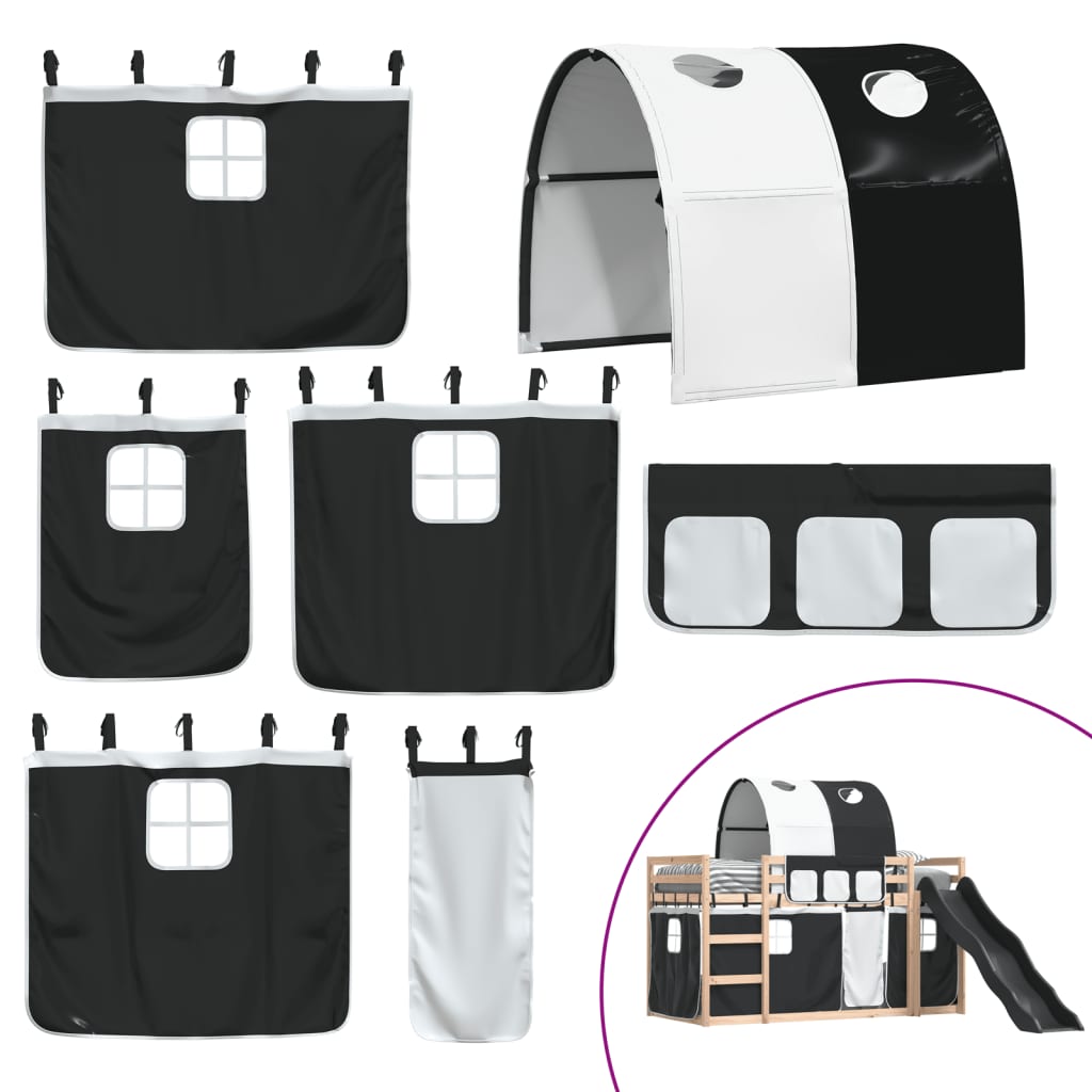 Pat supraetajat cu tobogan și perdele, alb și negru, 90x190 cm GartenMobel Dekor