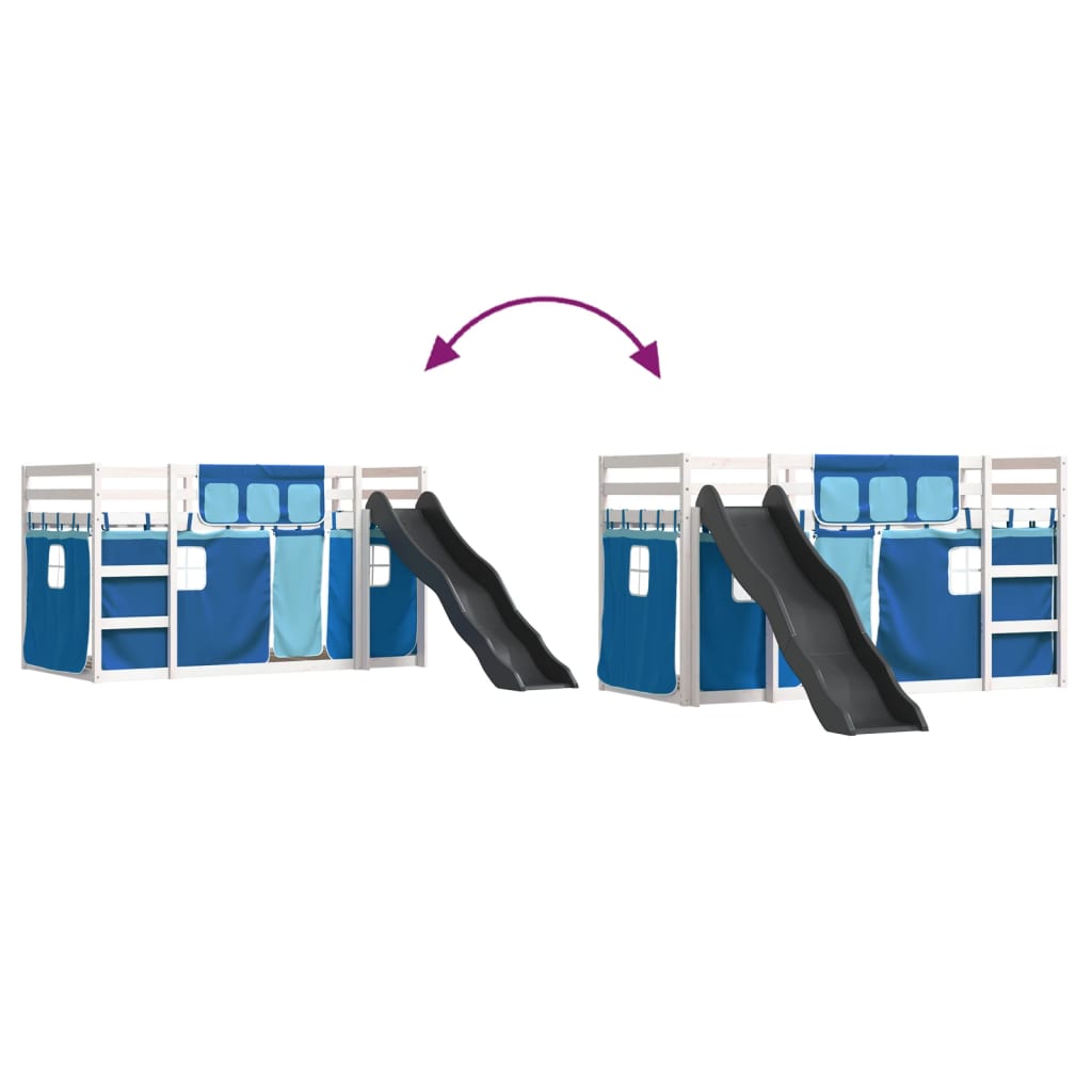 Pat supraetajat cu tobogan și perdele, albastru, 90x190 cm GartenMobel Dekor