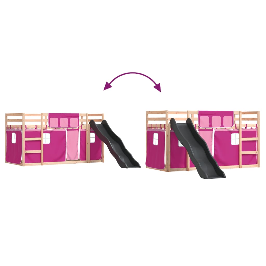 Pat supraetajat cu tobogan și perdele, roz, 90x190 cm GartenMobel Dekor