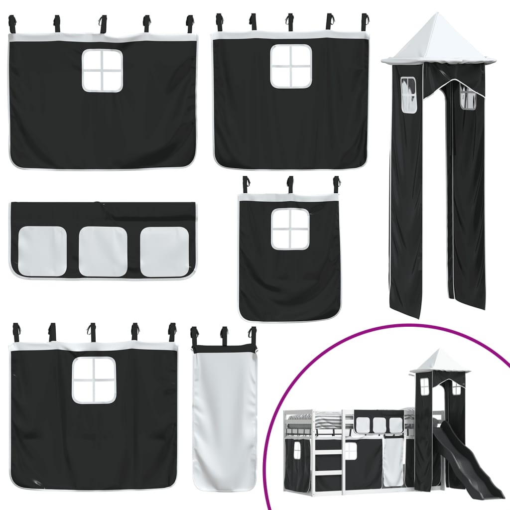 Pat supraetajat cu tobogan și perdele, alb și negru, 80x200 cm GartenMobel Dekor