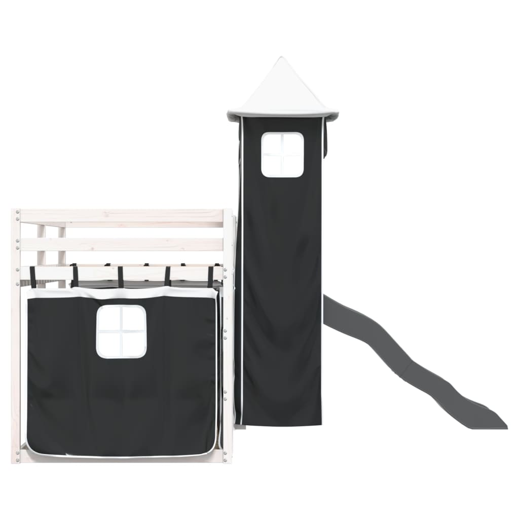 Pat supraetajat cu tobogan și perdele, alb și negru, 90x190 cm GartenMobel Dekor