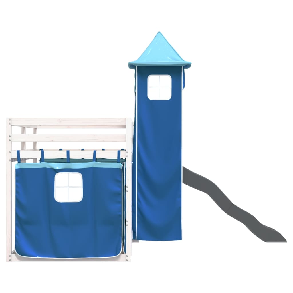 Pat supraetajat cu tobogan și perdele, albastru, 90x190 cm GartenMobel Dekor
