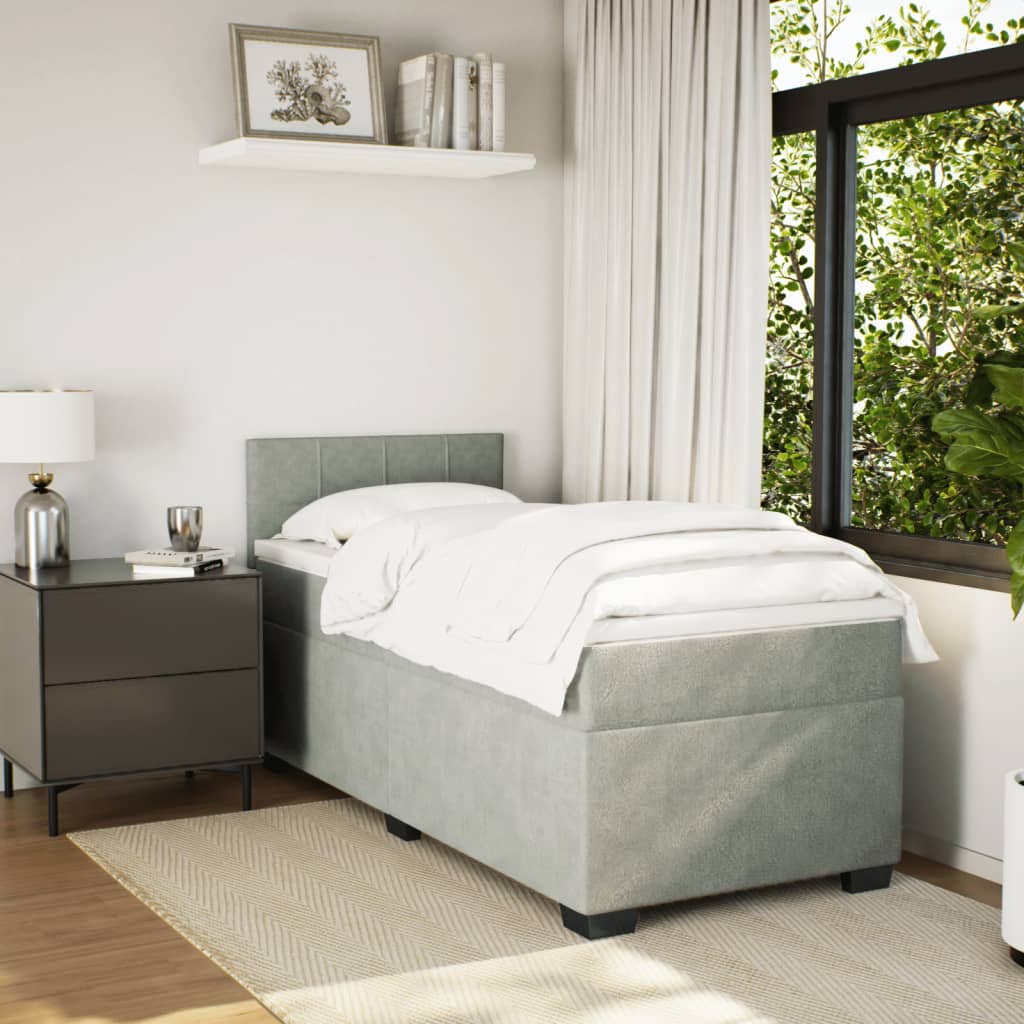 Pat box spring cu saltea, gri deschis, 100x200 cm, catifea GartenMobel Dekor