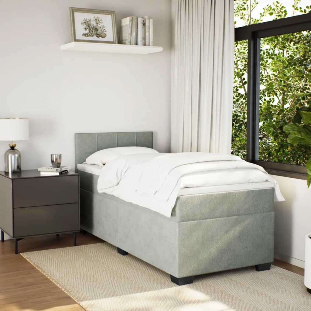 Pat box spring cu saltea, gri deschis, 90x190 cm, catifea GartenMobel Dekor