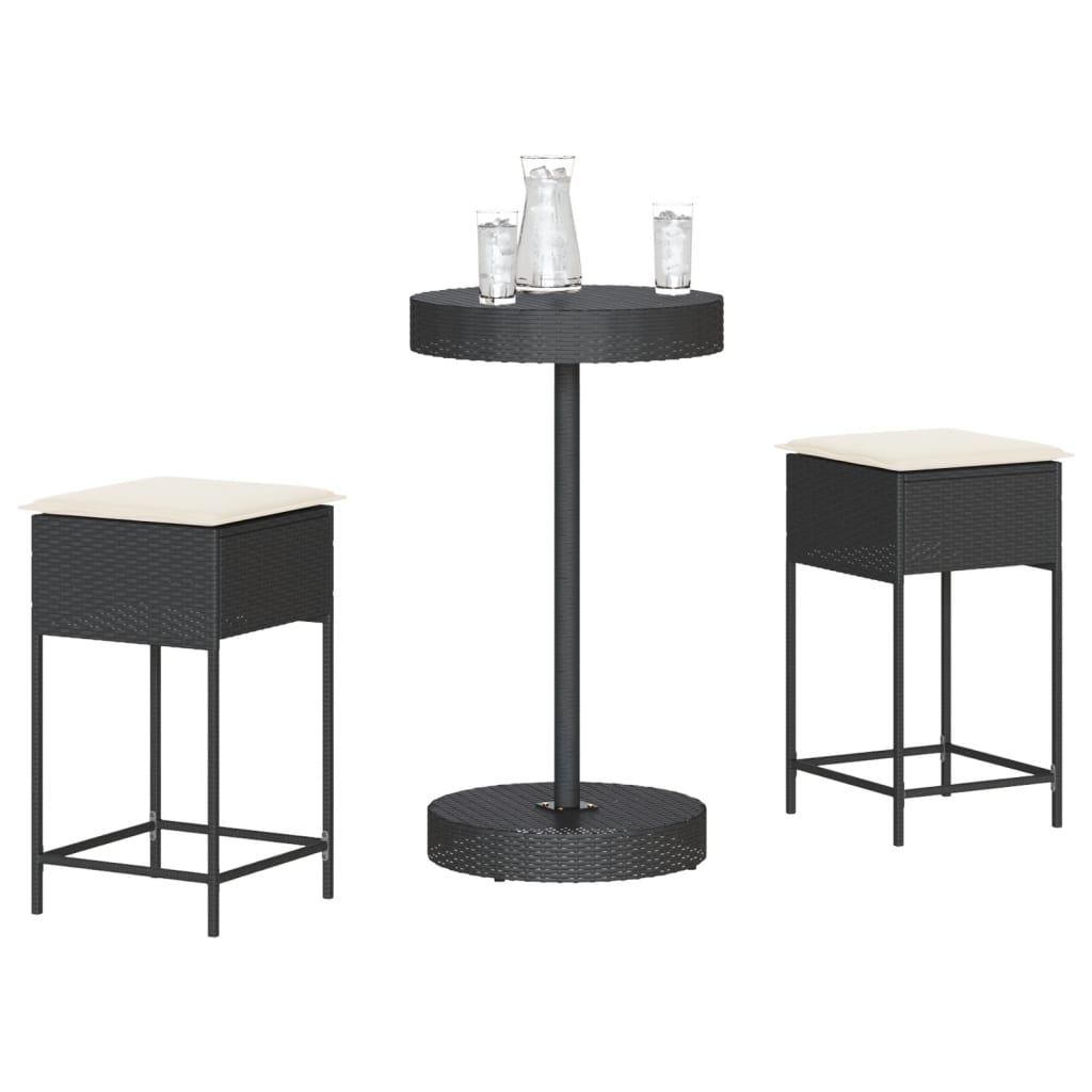 Set mobilier bar de grădină cu perne, 3 piese, negru, poliratan GartenMobel Dekor