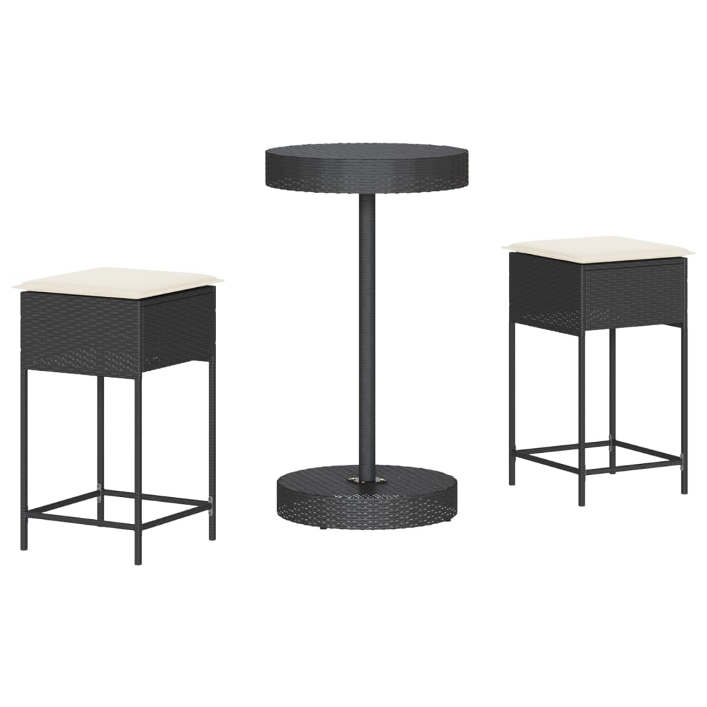 Set mobilier bar de grădină cu perne, 3 piese, negru, poliratan GartenMobel Dekor