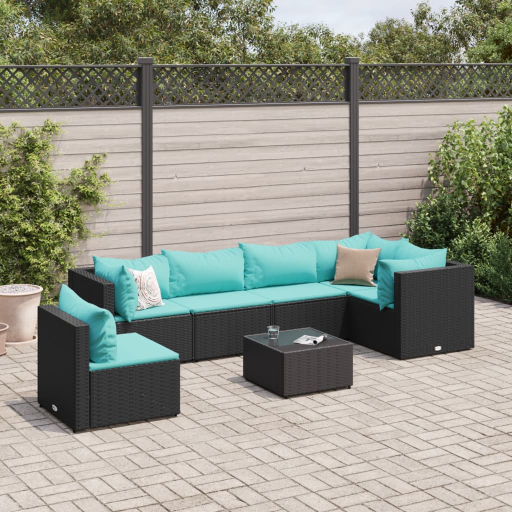 Set mobilier de grădină cu perne, 7 piese, negru, poliratan GartenMobel Dekor