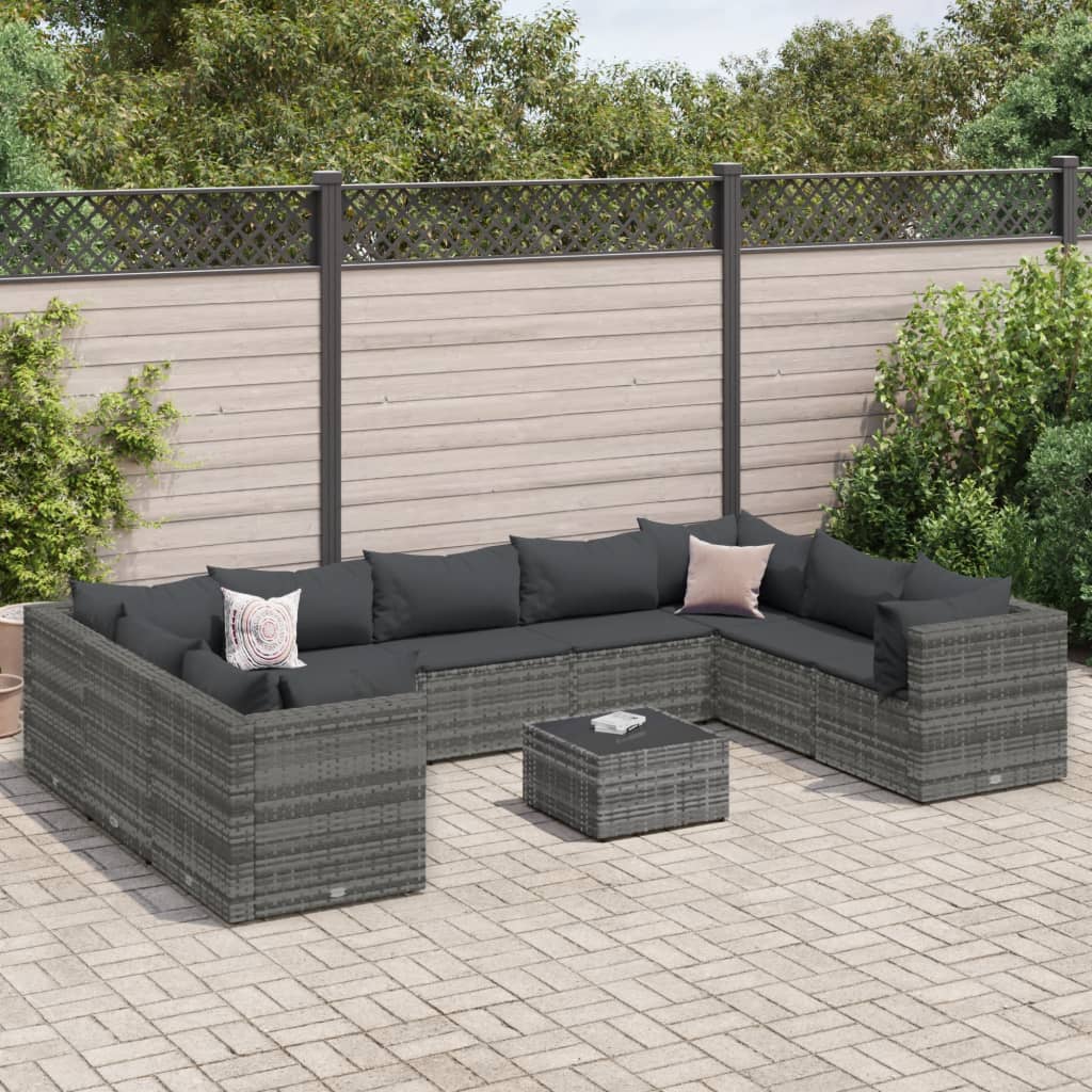 Set mobilier de grădină cu perne, 10 piese, gri, poliratan GartenMobel Dekor