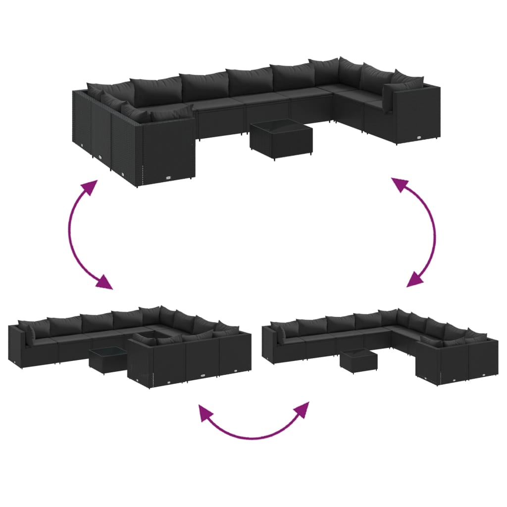 Set mobilier de grădină cu perne, 11 piese, negru, poliratan GartenMobel Dekor