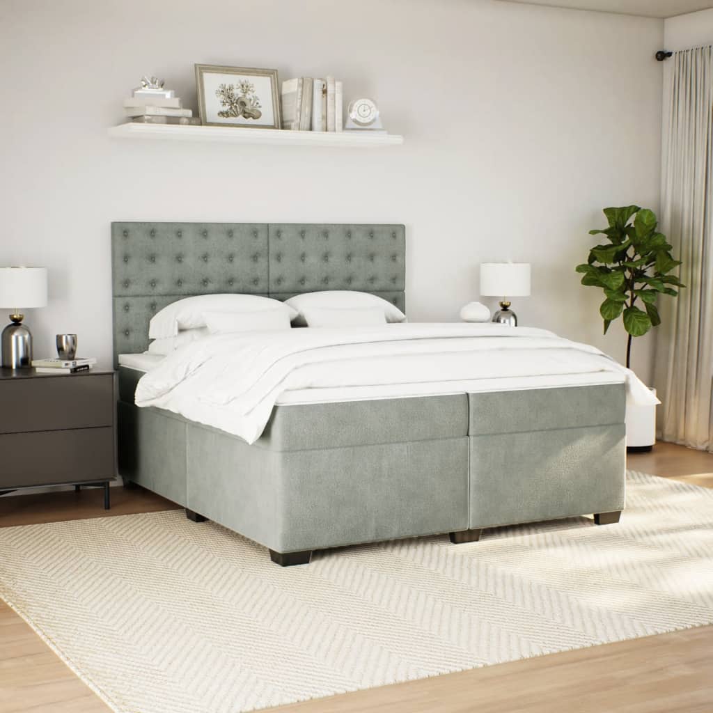 Pat box spring cu saltea, gri deschis, 200x200 cm, catifea GartenMobel Dekor