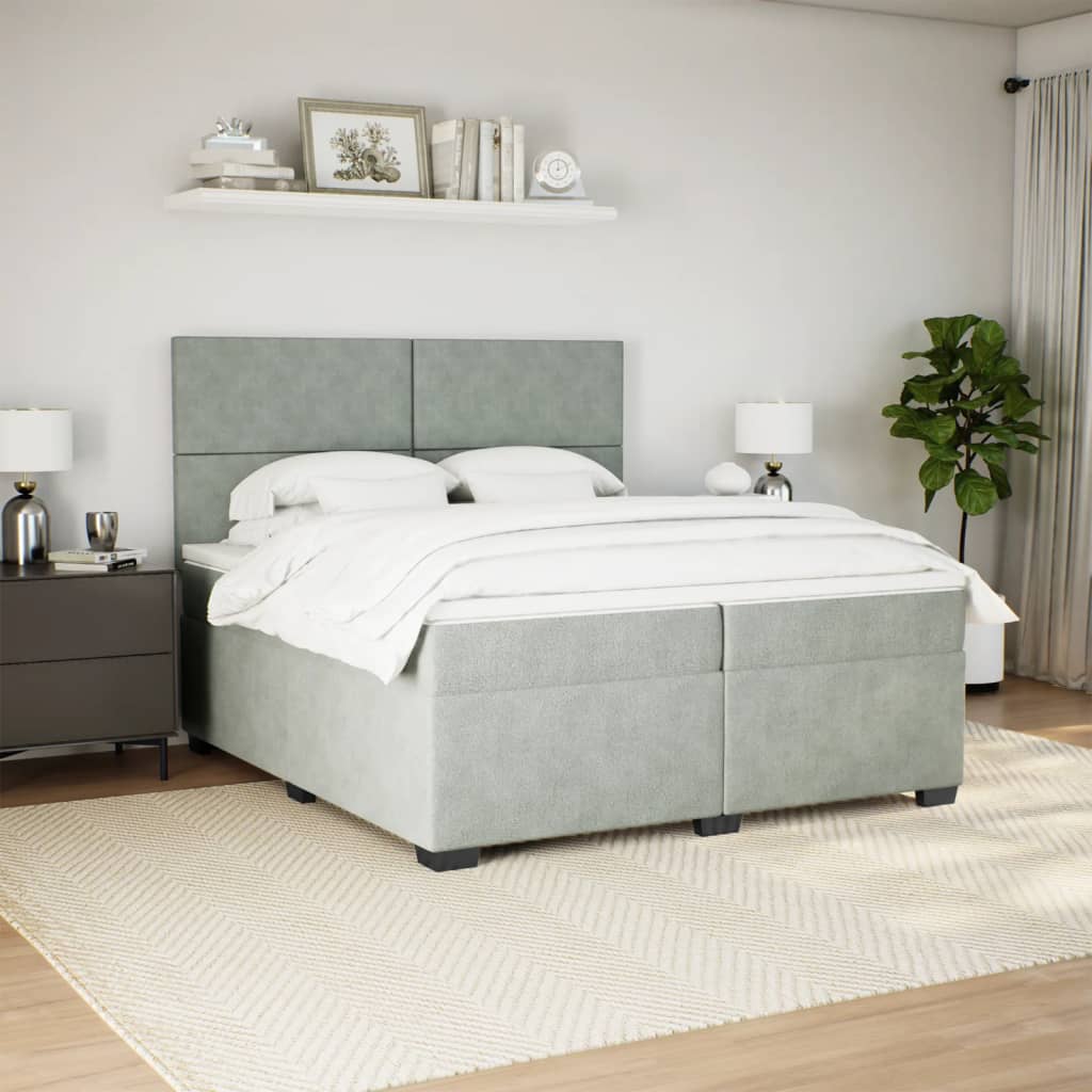 Pat box spring cu saltea, gri deschis, 200x200 cm, catifea GartenMobel Dekor