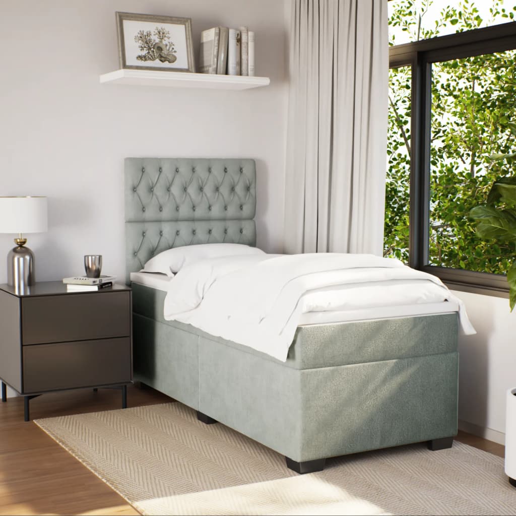 Pat box spring cu saltea, gri deschis, 90x190 cm, catifea GartenMobel Dekor