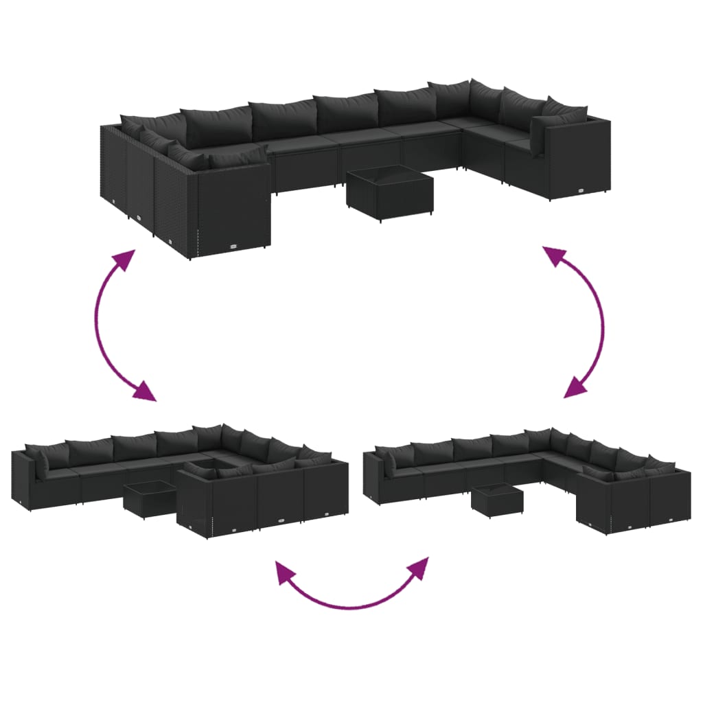 Set canapele de grădină cu perne, 11 piese, negru, poliratan GartenMobel Dekor