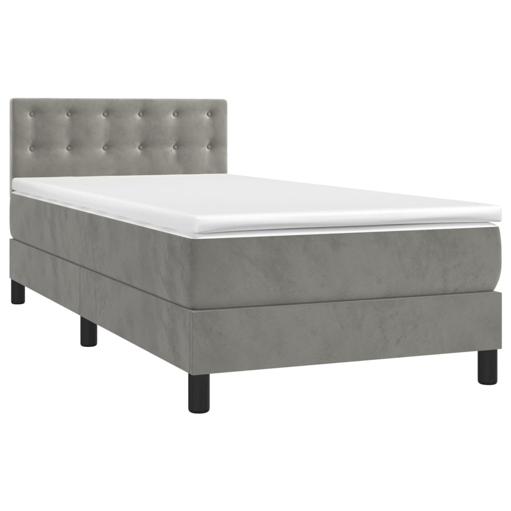 Pat box spring cu saltea, gri deschis, 90x190 cm, catifea GartenMobel Dekor