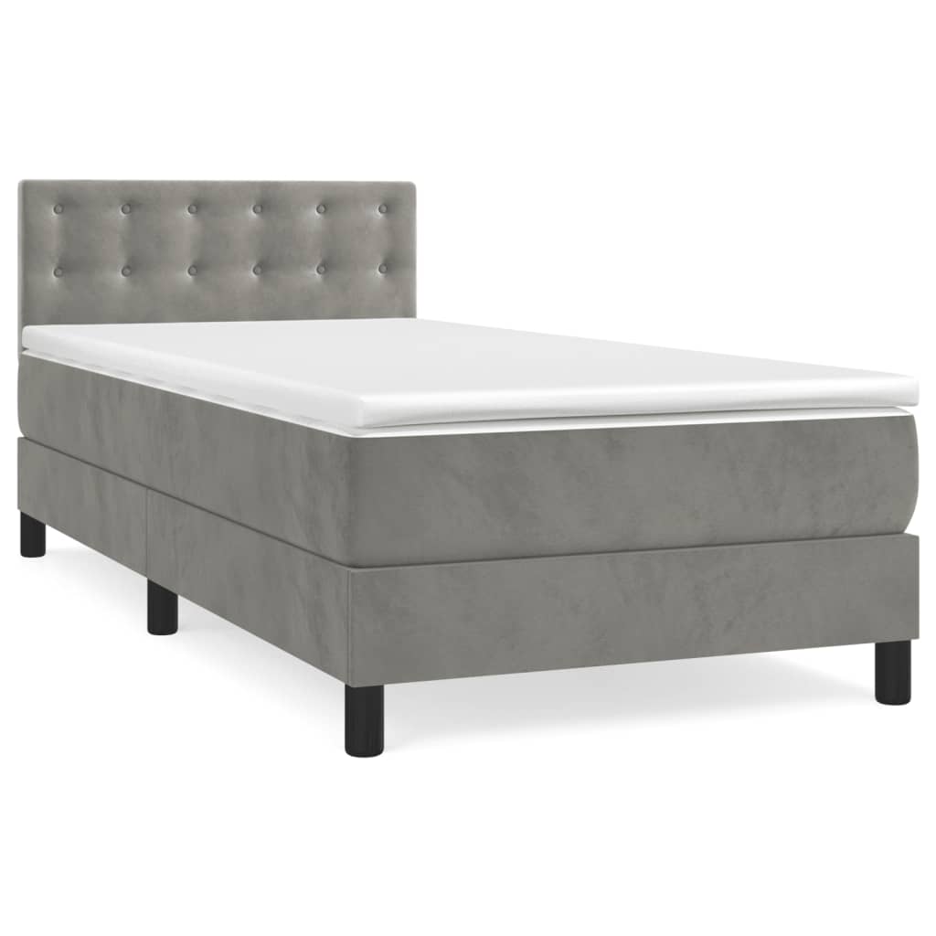 Pat box spring cu saltea, gri deschis, 90x190 cm, catifea GartenMobel Dekor