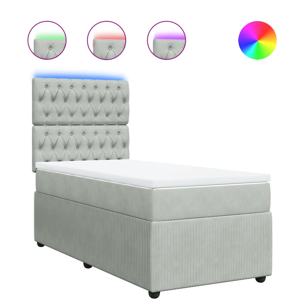 Pat box spring cu saltea, gri deschis, 100x200 cm, catifea GartenMobel Dekor