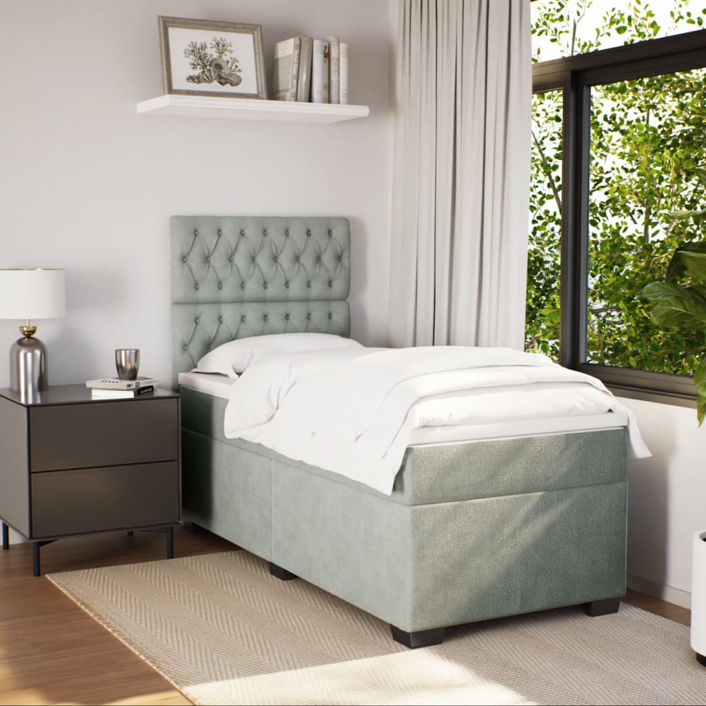 Pat box spring cu saltea, gri deschis, 90x200 cm, catifea GartenMobel Dekor