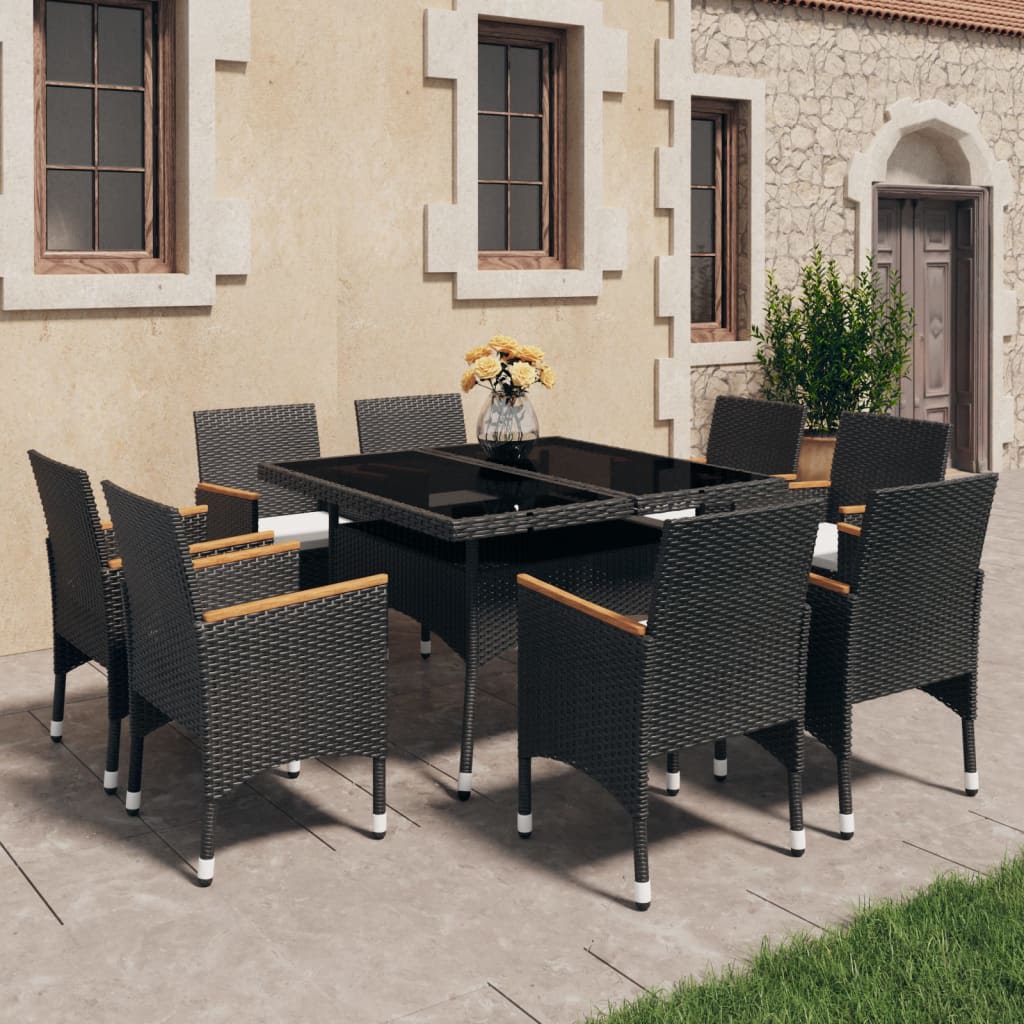 Set mobilier grădină, 9 piese, negru, poliratan/sticlă tratată GartenMobel Dekor