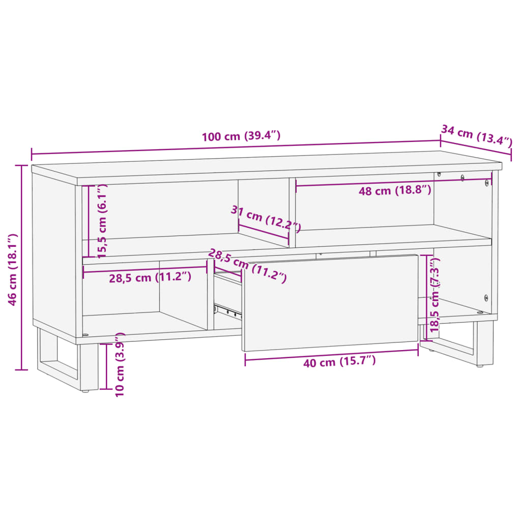Dulap TV, maro, 100x34x46 cm, lemn masiv de mango GartenMobel Dekor