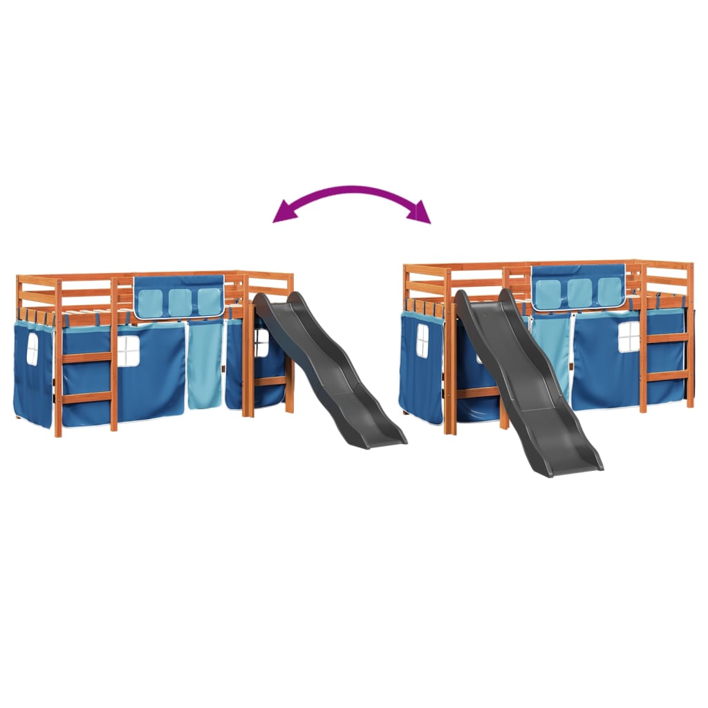 Pat etajat de copii cu perdele, blå, 80x200 cm, lemn masiv pin GartenMobel Dekor