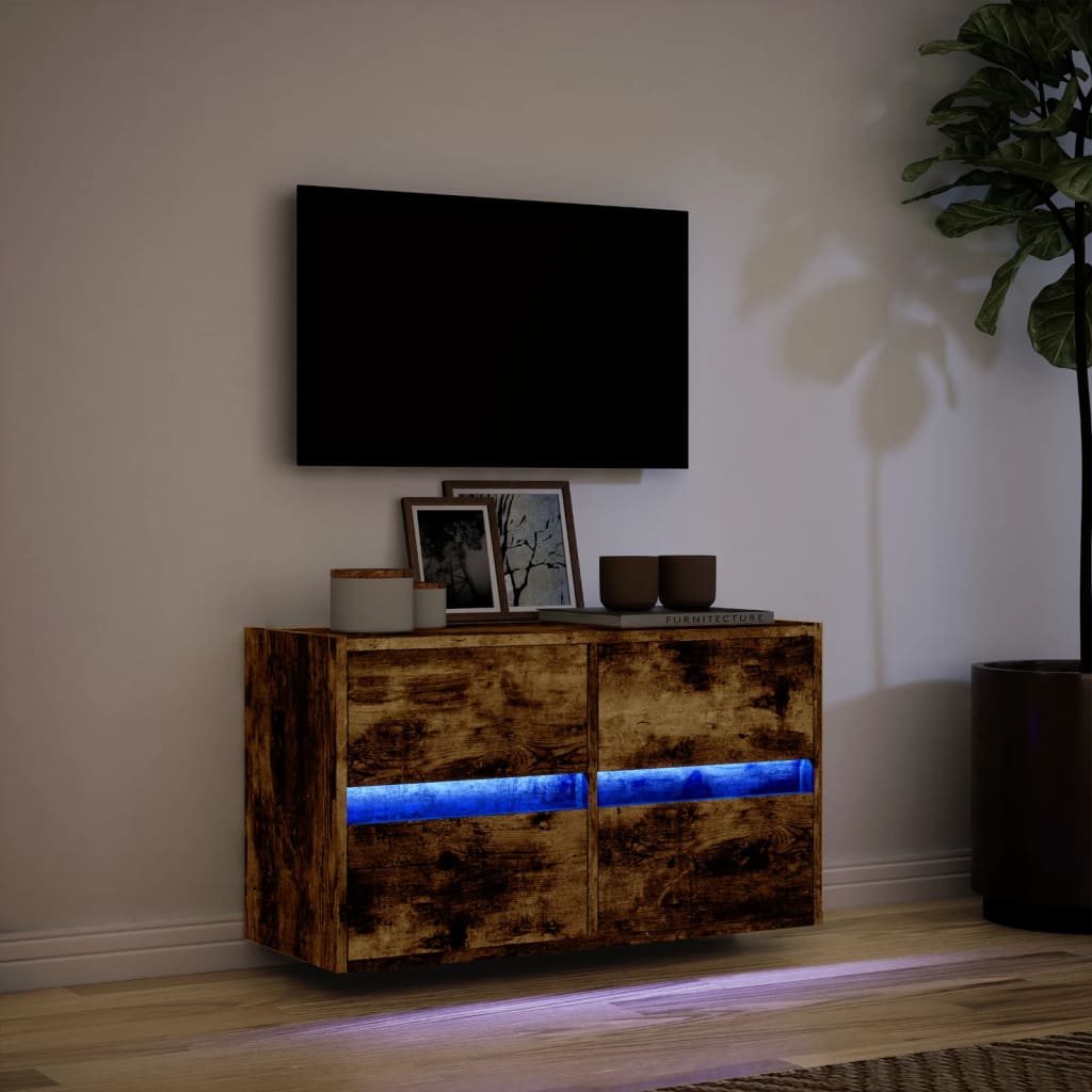 Comodă TV de perete cu lumini LED, stejar fumuriu, 80x31x45 cm GartenMobel Dekor