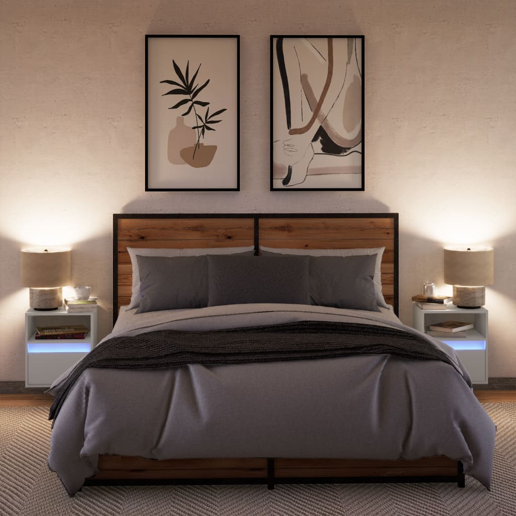 Noptiere montate pe perete cu lumini LED, 2 buc., alb GartenMobel Dekor