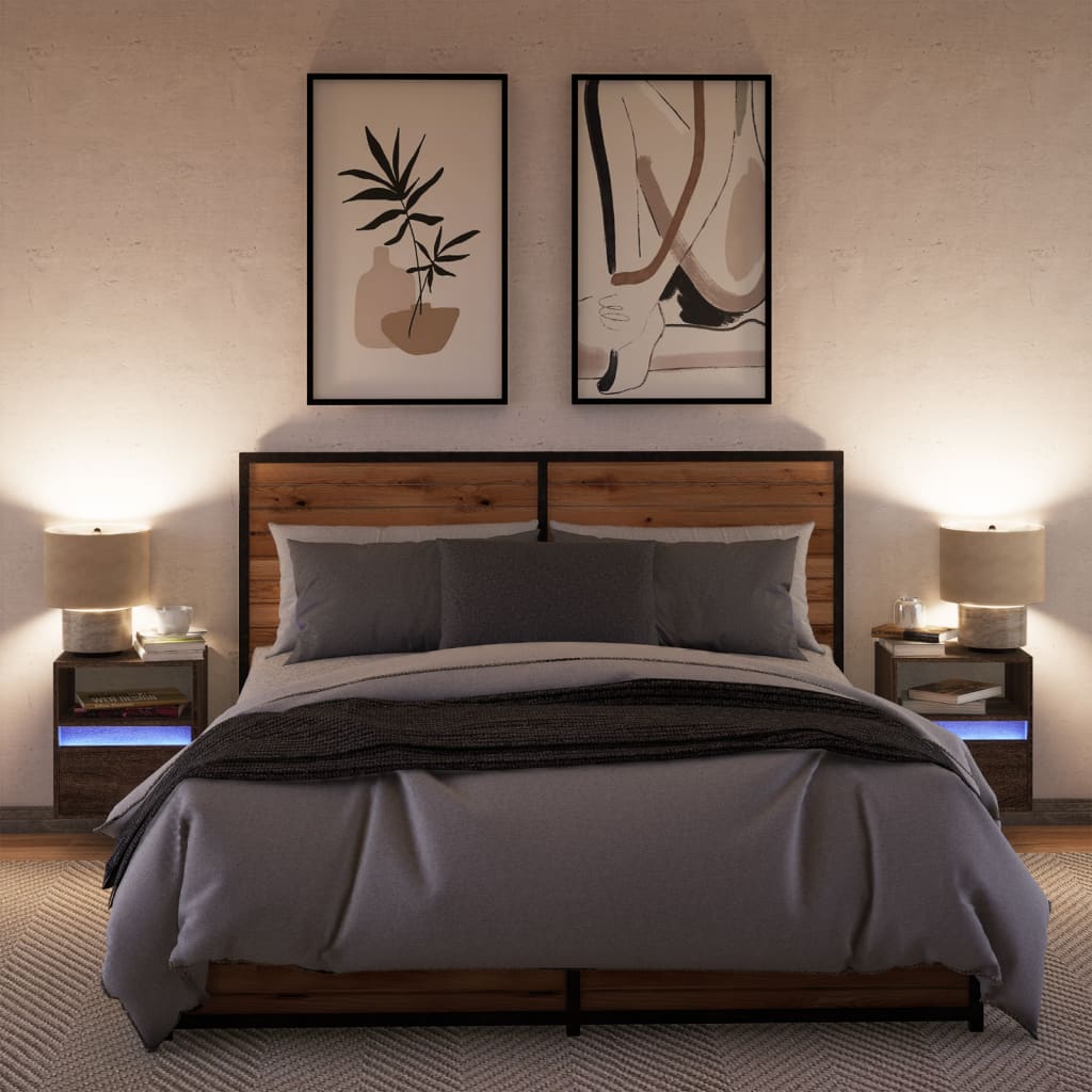 Noptiere montate pe perete cu lumini LED, 2 buc., stejar maro GartenMobel Dekor