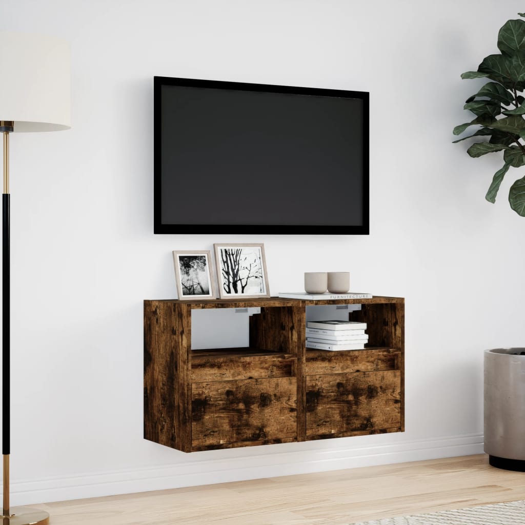 Comodă TV de perete cu LED, 2 buc. stejar fumuriu, 41x31x45 cm GartenMobel Dekor