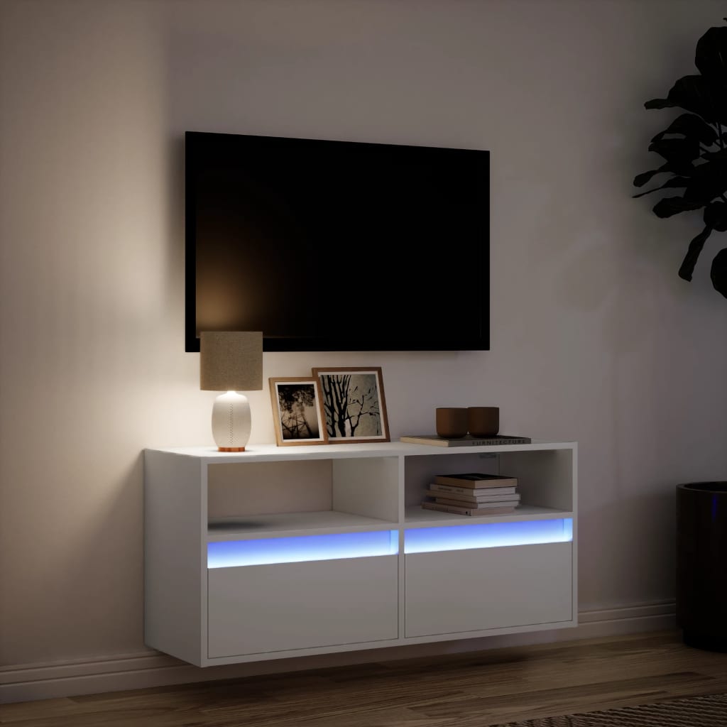 Comodă TV de perete cu lumini LED, alb, 100x31x45 cm GartenMobel Dekor