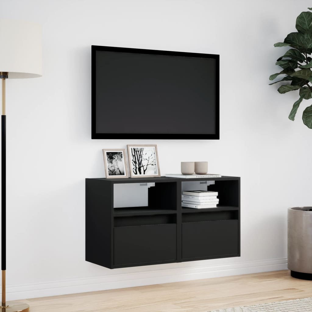 Comode TV de perete cu lumini LED, 2 buc., negru, 41x31x45 cm GartenMobel Dekor