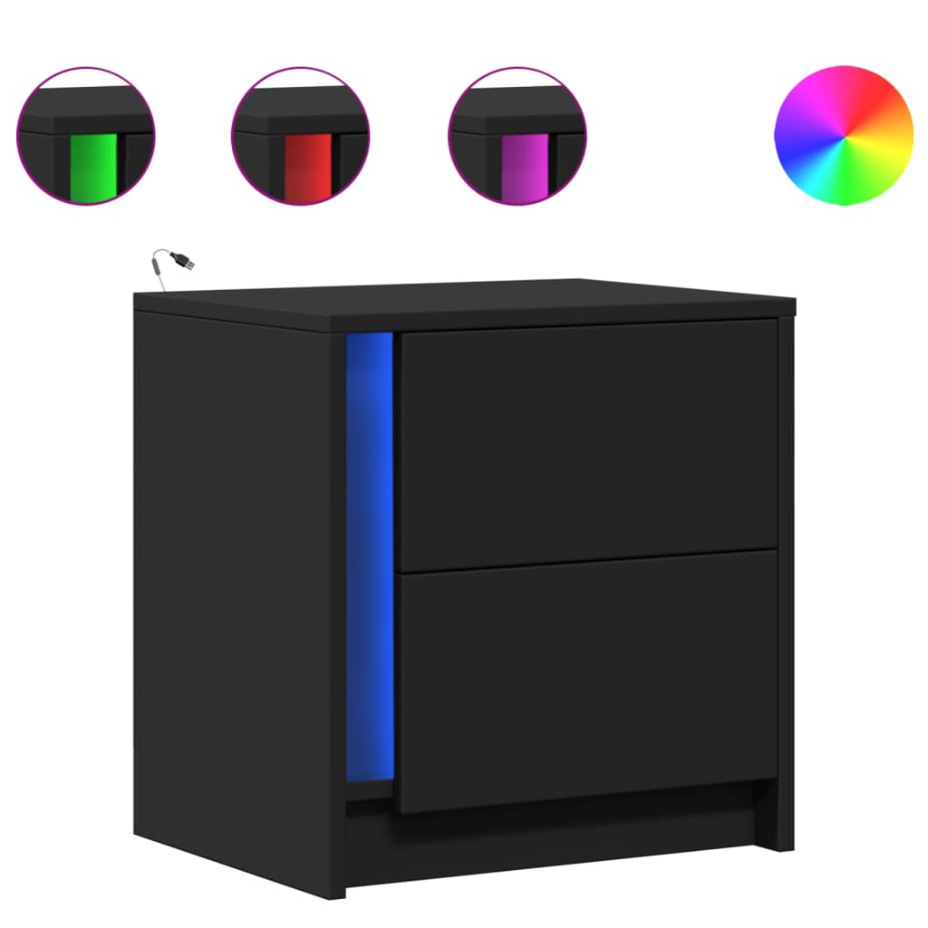 Noptiere cu lumini LED, 2 buc., negru, lemn prelucrat GartenMobel Dekor