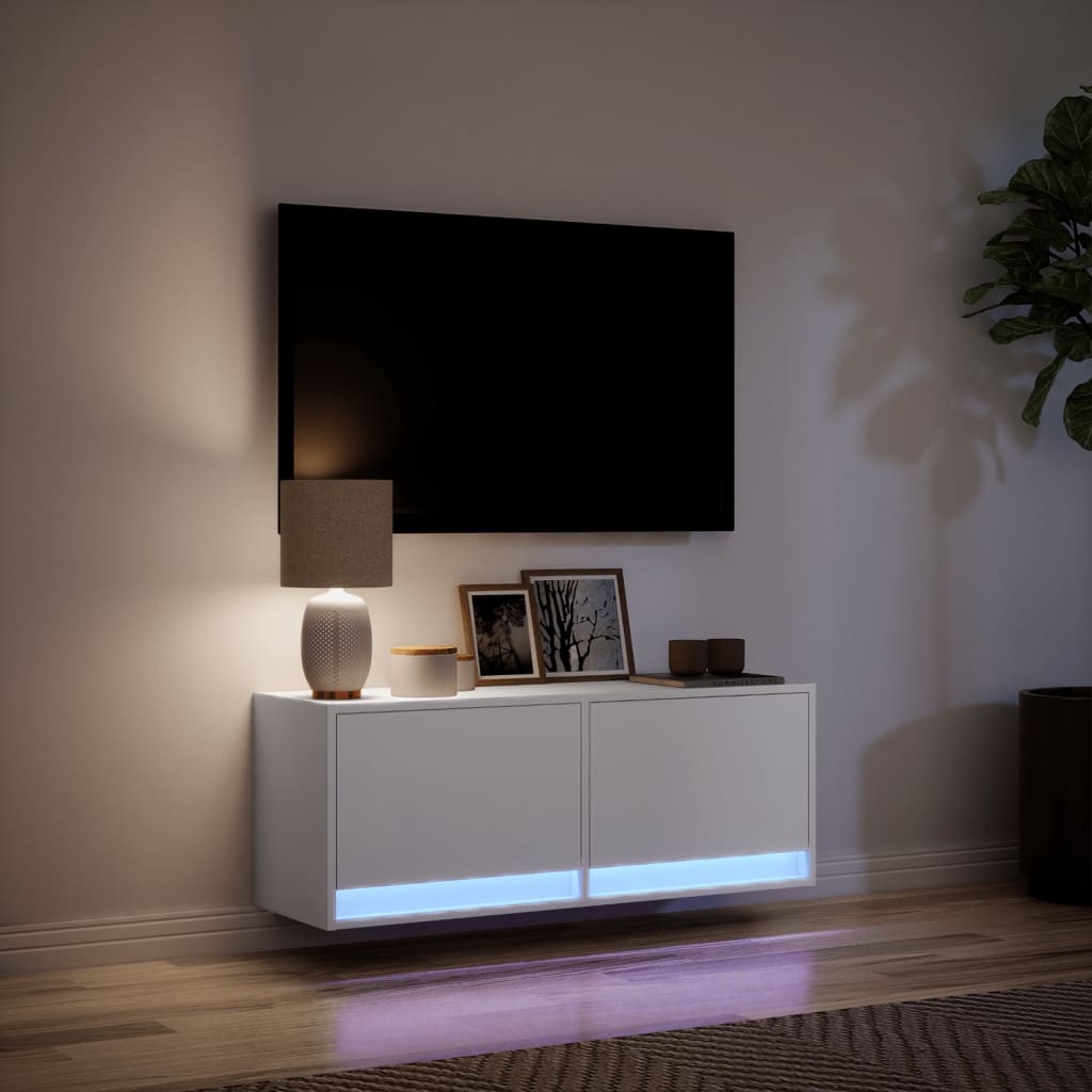 Comodă TV de perete cu lumini LED, alb, 100x31x38 cm GartenMobel Dekor