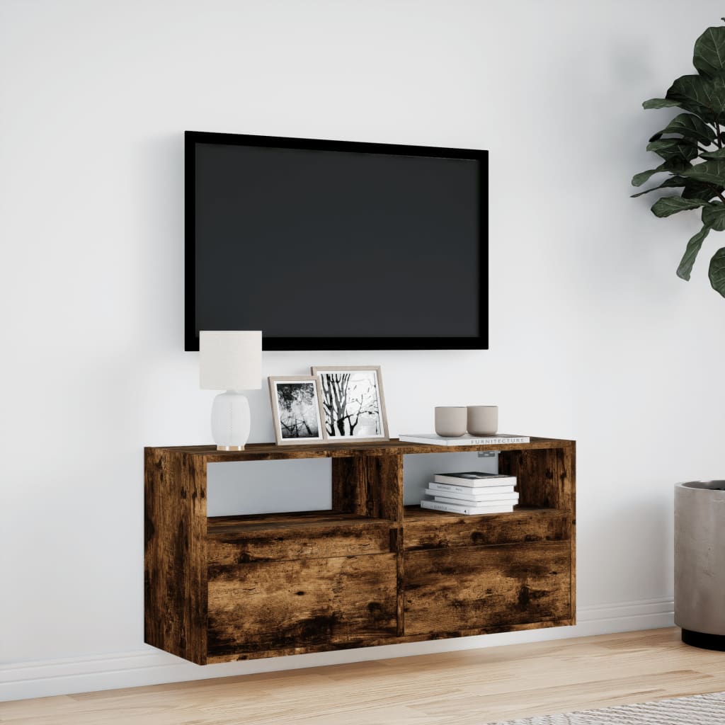 Comodă TV de perete cu lumini LED, stejar fumuriu, 100x31x45 cm GartenMobel Dekor