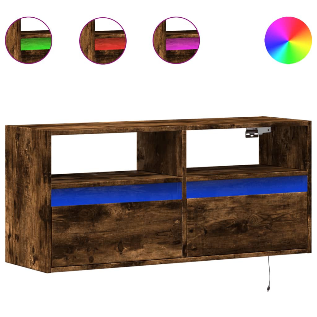 Comodă TV de perete cu lumini LED, stejar fumuriu, 100x31x45 cm GartenMobel Dekor