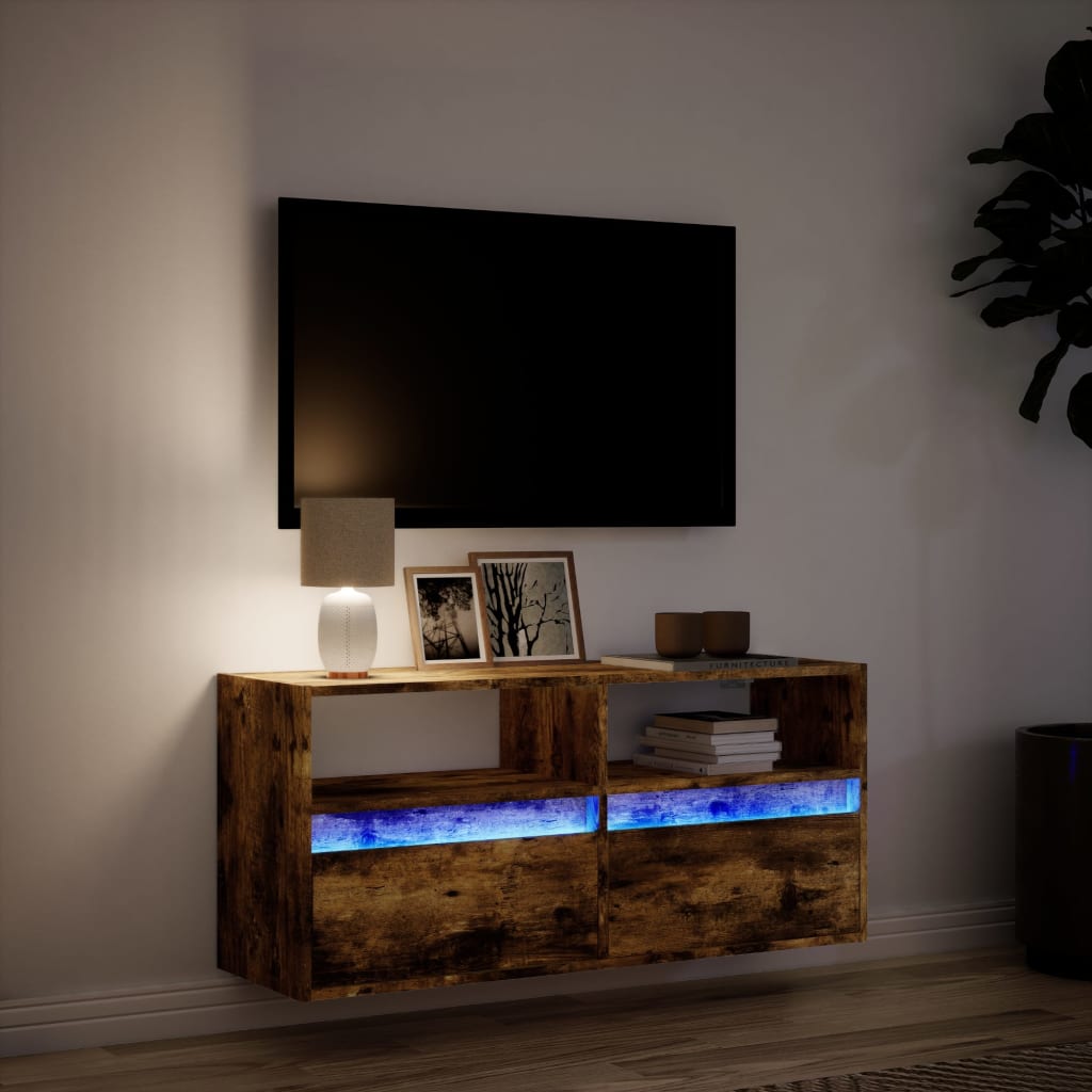 Comodă TV de perete cu lumini LED, stejar fumuriu, 100x31x45 cm GartenMobel Dekor