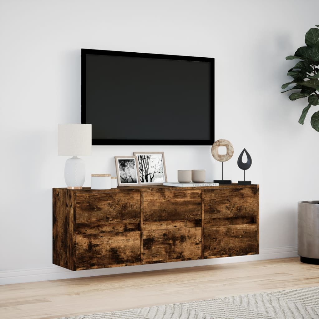 Comodă TV de perete cu lumini LED, stejar fumuriu, 130x31x45 cm GartenMobel Dekor