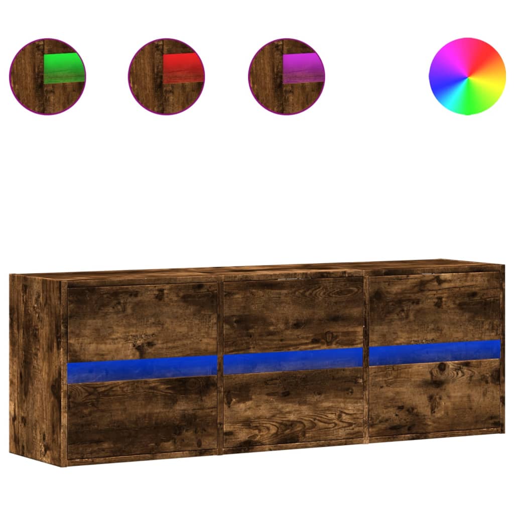 Comodă TV de perete cu lumini LED, stejar fumuriu, 130x31x45 cm GartenMobel Dekor