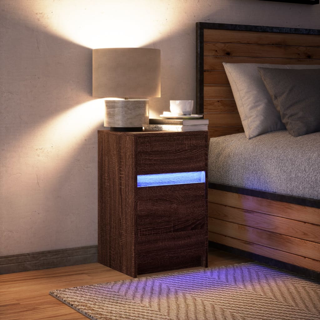 Noptieră cu lumini LED, stejar maro, lemn prelucrat GartenMobel Dekor